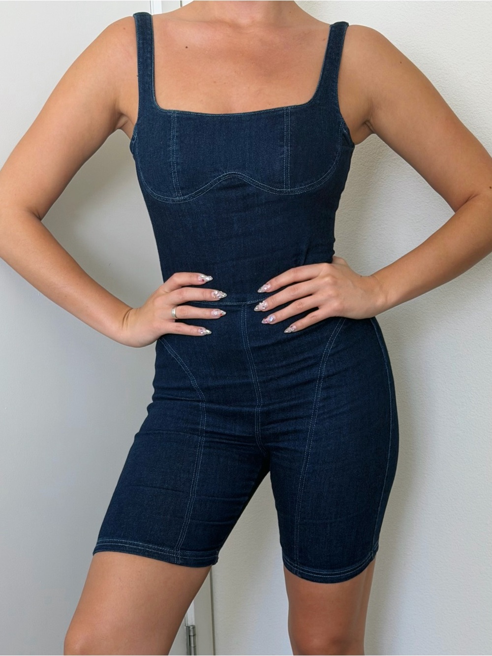 Bershka Dark Blue Denim Square-Neck Short Jumpsuit